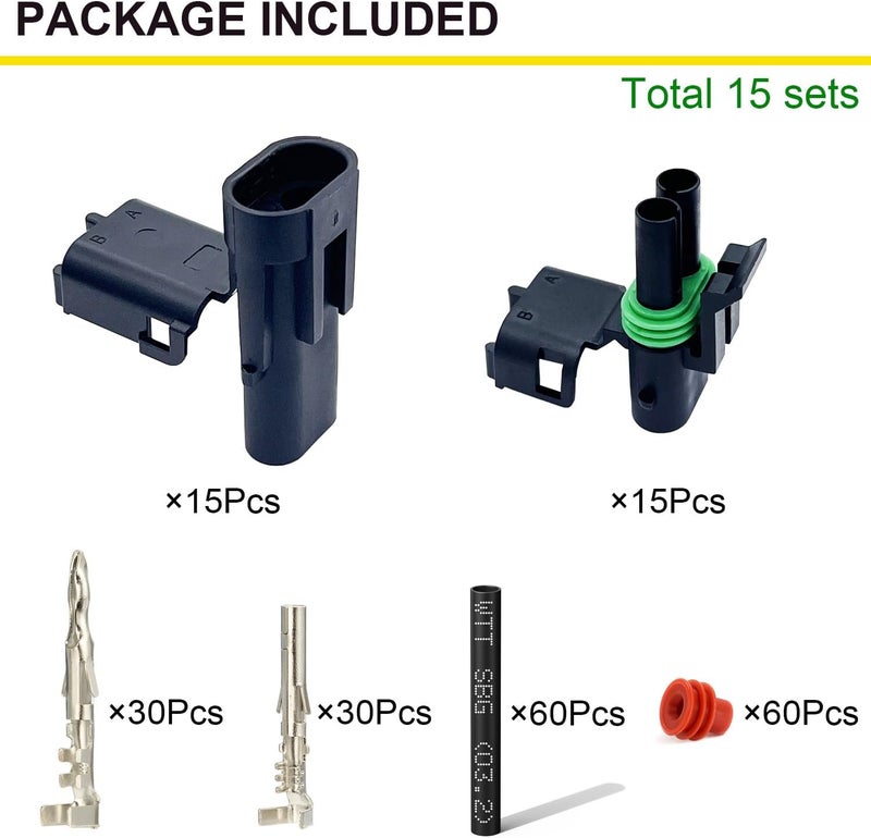 Twippo 15 Kits 2 Pin Connector Weather Pack Connectors Kit Automotive Electrical Waterproof Connectors 2 Wire Connectors with 60pcs Shrink Tubing Kit (18-14 AWG) - Image 2